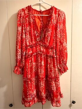 Angel Biba Red Floral Ruffle Tiered Dress